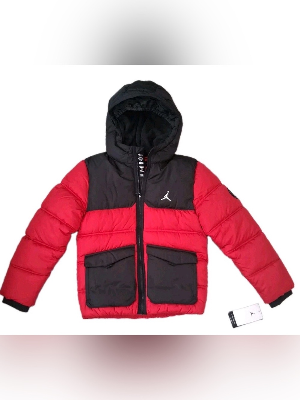 Jordan Boys Hooded Puffer Jacket Full Zip, Pockets, Red/Black, Size L, Big Boys